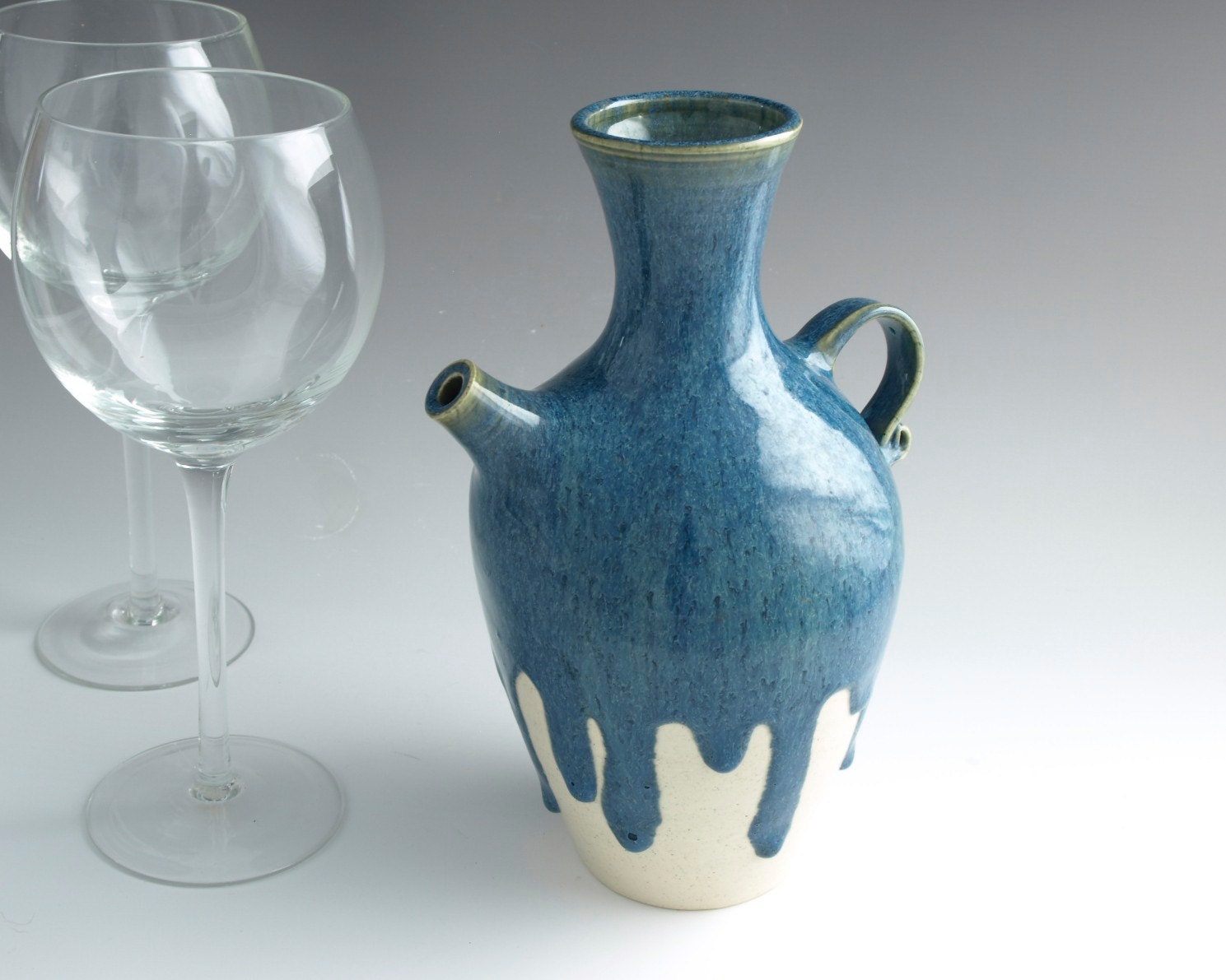 Wine Coffee Carafe Hand Made Pottery Bottle Sea Mist Blue Unique Elegant Home Decor - Ready to Ship