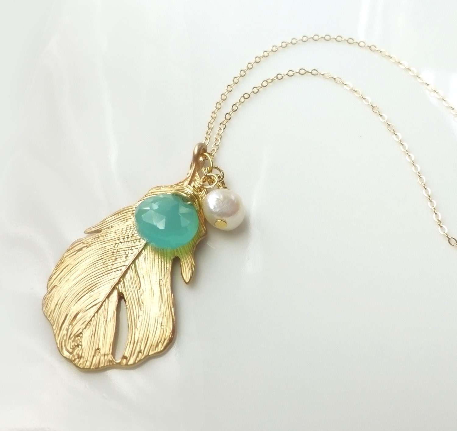 Long Feather Necklace - Gold Feather Necklace - Metal Feather Charm Necklace - Modern Chalcedony Necklace - Gold Leaf Jewelry