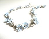 Vintage Trifari Blue Enamel Flower Necklace, Clear Rhinestone Necklace, Floral Choker, Silver Tone Metal