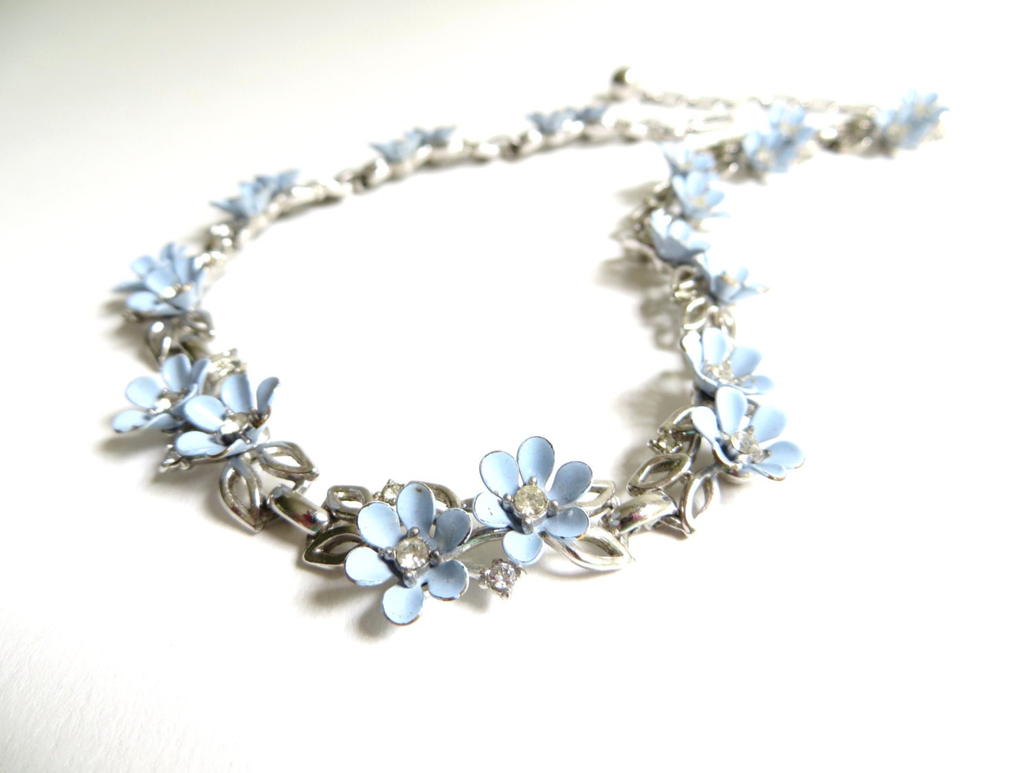 Vintage Trifari Blue Enamel Flower Necklace, Clear Rhinestone Necklace, Floral Choker, Silver Tone Metal