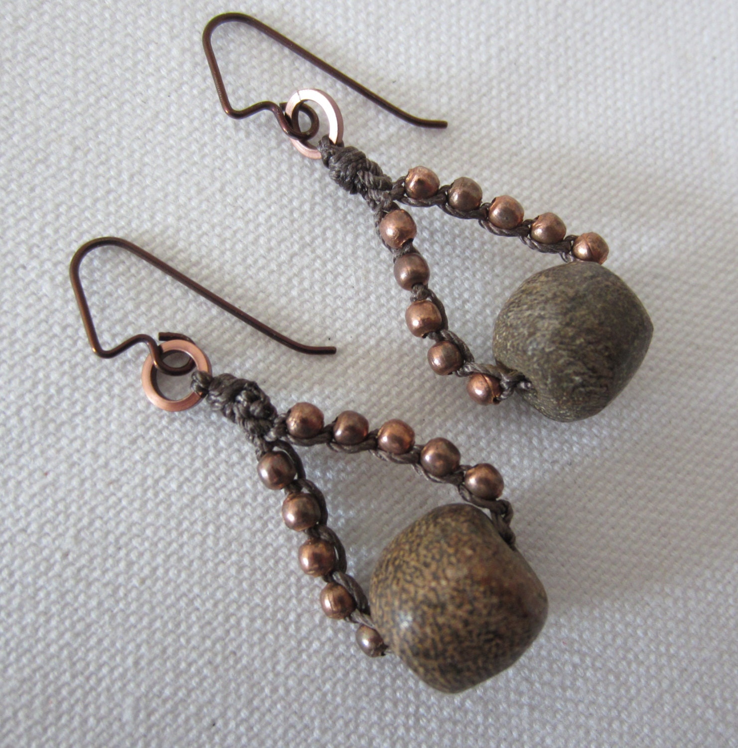Fossil Earrings - Crochet Artisan Jewelry - Fossilized Mastodon Bone Beads - UNIQUE gift for MOM