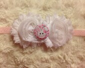 Easter Bunny White Flowers on Frosted Pink Elastic Bow Headband for Newborn, Baby Girl, Infant, Toddler, Teen, Adult