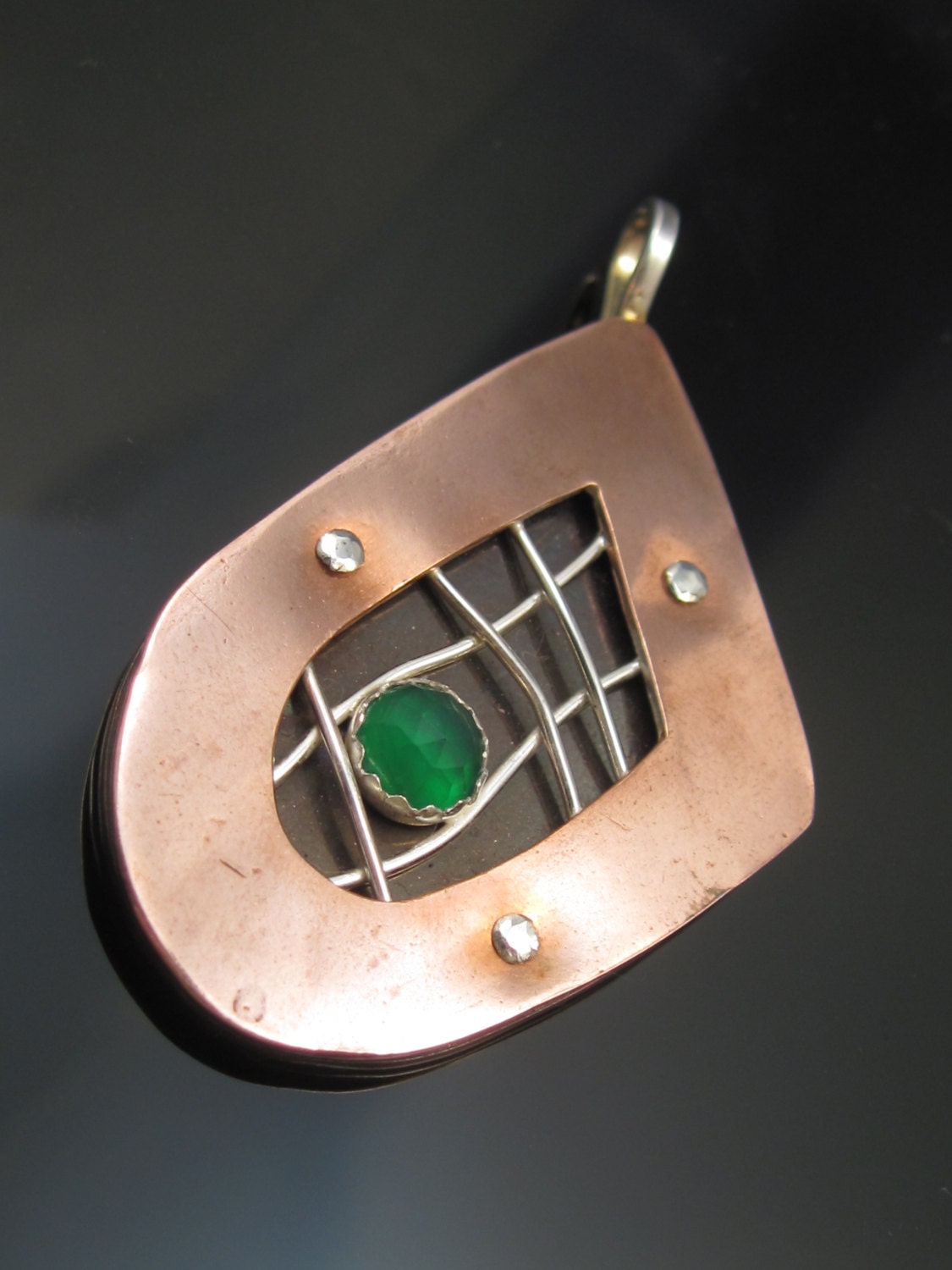 Mixed Metal Abstract Caged Green Chalcedony Pendant With Black Choker Necklace, Artisan Handmade, Unique Design, Modern, Statement, Riveted