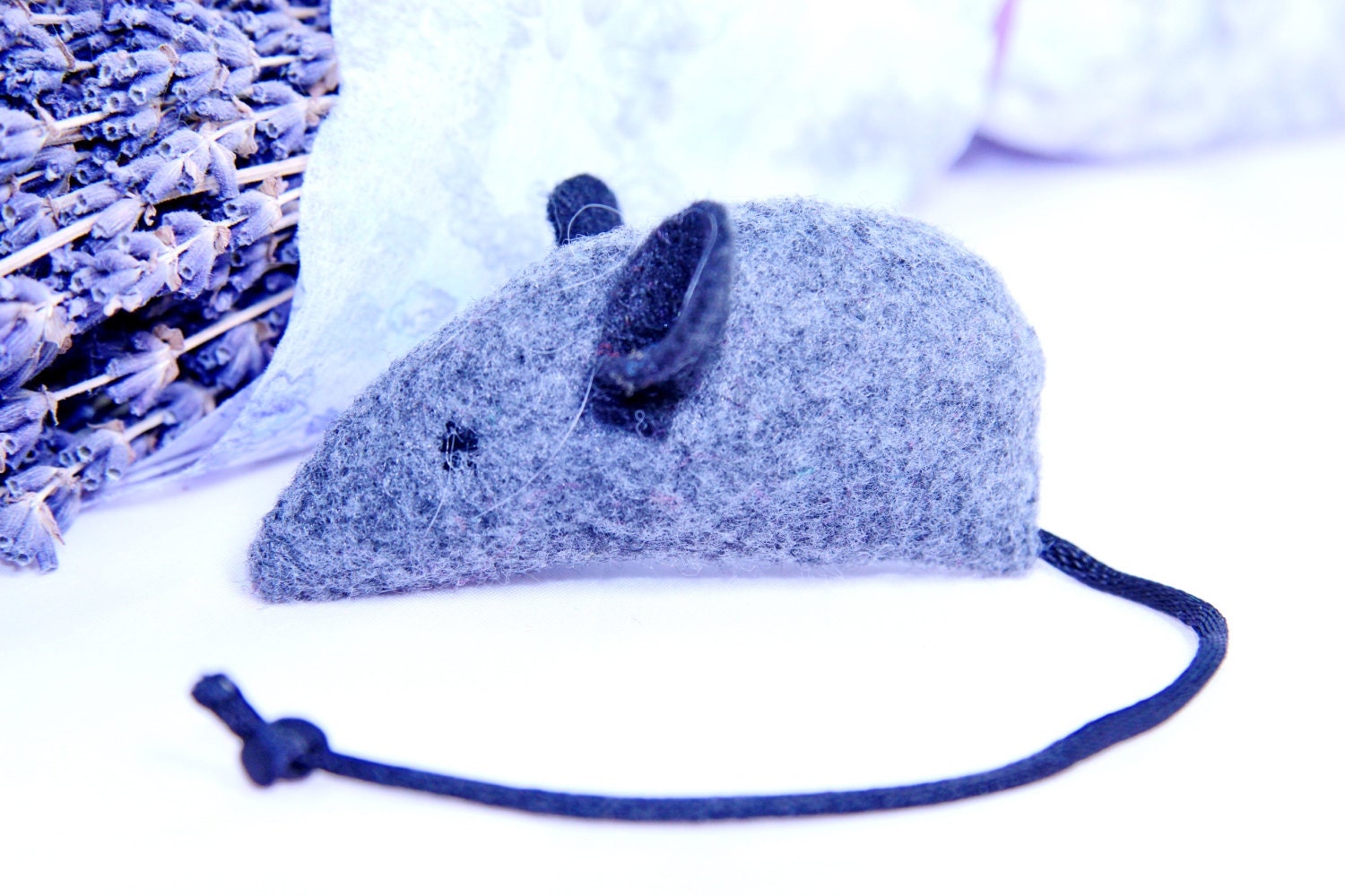 Catnip Mouse, Felt Cat Toy, Pet Toy: gray Felt, Black Ears, Black Tail