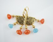 Orange and Blue earrings, orange carnelian earrings, sky blue chalcedony earrings, chandelier earrings, dangle earrings, handmade jewelry