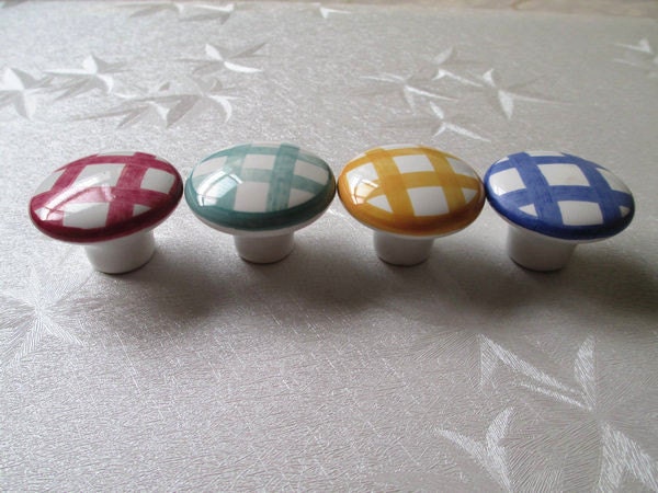 Gingham Dresser Drawer Knobs Handles Pulls Hand Painted Rustic / Cabinet Handle Knob Pull White Yellow Blue Green Red Eclectic Hardware