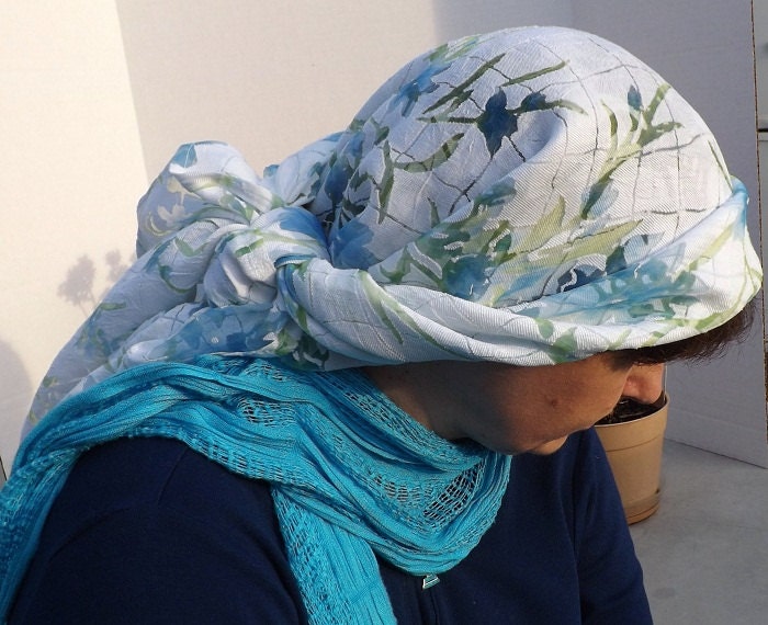 White Semi-Sheer with Blue Flower Square Tichel (Scarf) Shawl