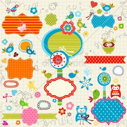 Digital Set of Funny Doodled Cute Birds, Frames, Flowers,Trees  and Other Elements. Colorful Joyful Illustration on a Notebook Page