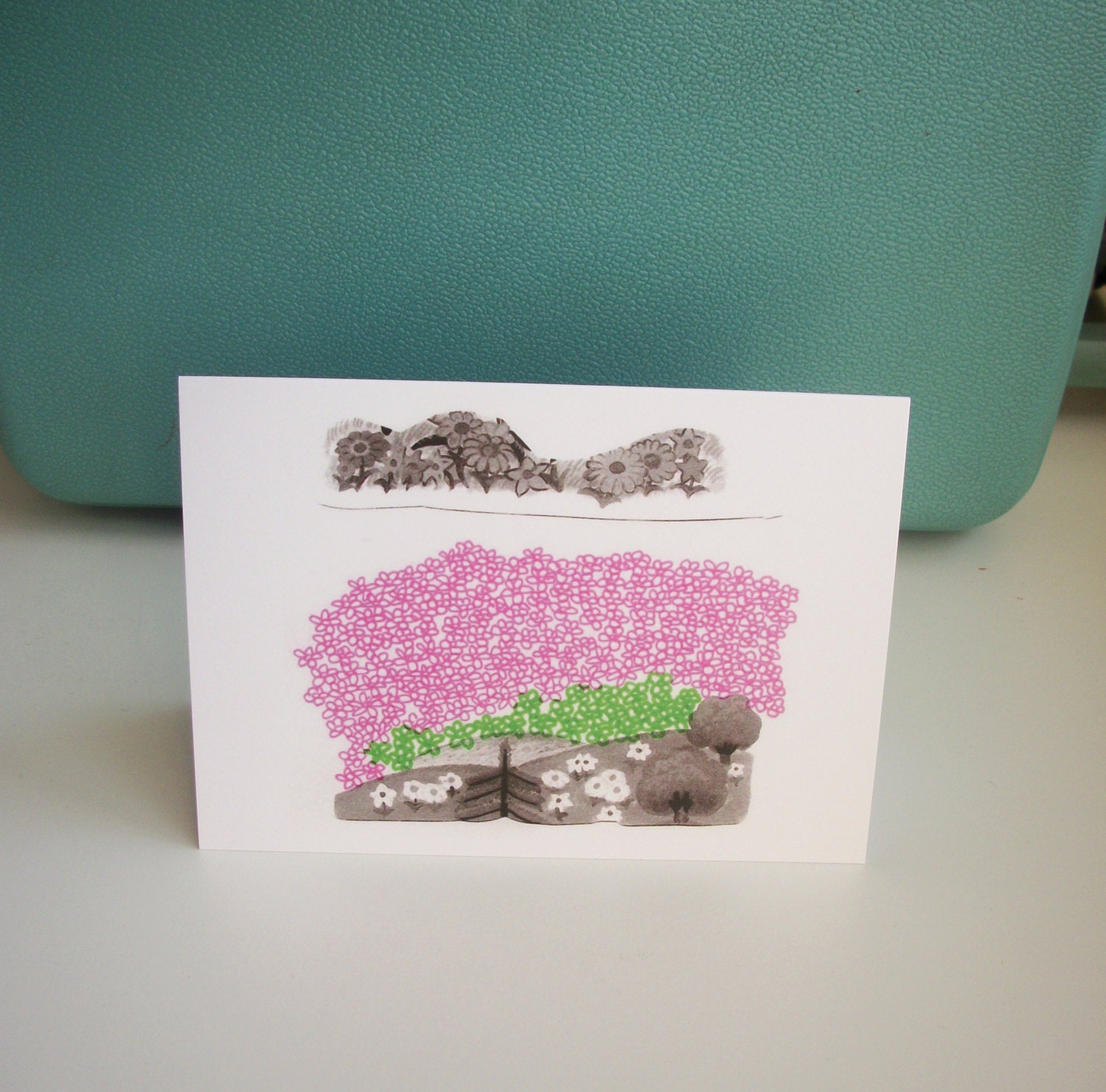 Floral spring field flowers landscape illustrated greeting card. blank spring card.summer flowers collage card.floral.mothers day.easter