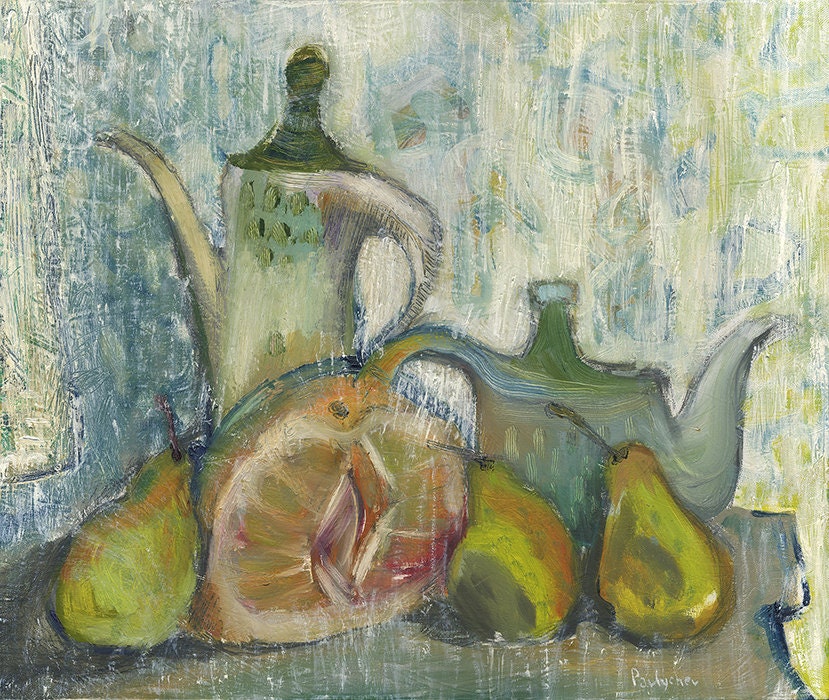Original Painting - Still Life with Fruits and Kettles - Contemporary Art - Pears - Wall Hanging Oil on canvas - 23.6x19.7 inches (60x50 cm)