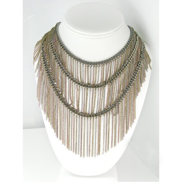 Multi Chain Fringe Bib Necklace - Mixed Metal Antique Brass, Copper Cascading Collar Statement Necklace