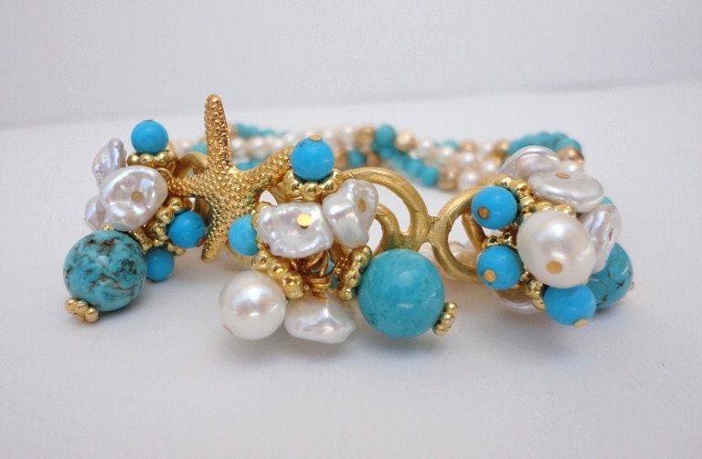 turquoise pearl wrap bracelet. 24k gold vermeil beaded bracelet. gemstone bracelet. fine jewelry. beaded jewelry. charm bracelet. sea life