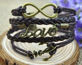 Brown charm bracelet,vintage anchor infinity love,brown leather cord,handmade cuff bracelet. S624