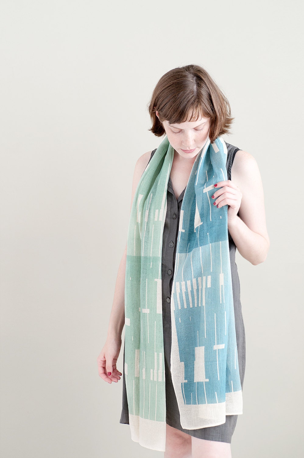 Dusk Blue and Grayed Jade Green Color Block Screen Printed Pastel Cotton Gauze Scarf, Light Spring Accessories