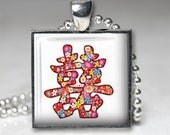 Double Happiness, Chinese, Symbol, Retro, Peter Max, Flower Power, Handmade Jewelry, Pendant, Keychain, Gift For Her, USA Made, Under 15