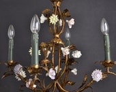 Rare old large tole Flower Chandelier around 1930 with porcelain flowers.