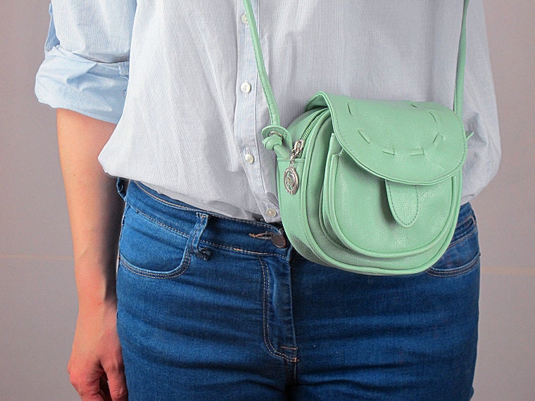 Mini Light Green Vegan Leather Flap Shoulder Bag Purse Handbag Bag - Women - Handmade - extra small
