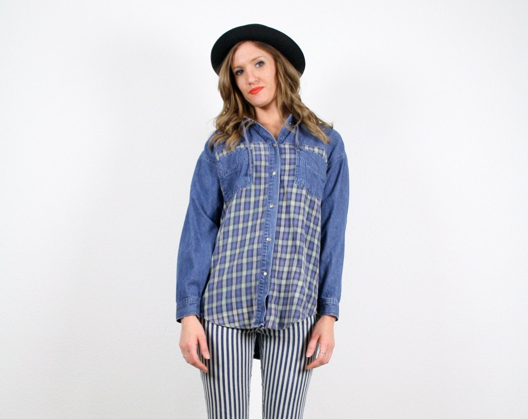 Vintage M L Chambray Blue Denim Grunge Plaid Flannel Hooded Shirt Jean Top
