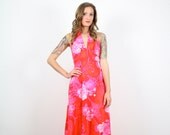 Vintage S M Orange Pink Tropical Floral Print Open Back Hippie Halter Maxi Dress