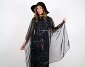 Vintage M L Red Floral Print Hippie Grecian Goddess Sheer Scarf Cape Maxi Dress