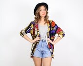 Vintage M Boho Rainbow Leaf Southwestern Print Striped Color Block Blazer Jacket