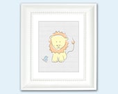 Baby Lion with Bird Nursery Art Print - Kids Decor, Art for Kids, Wood, Yellow, Orange, Grey - 11x14