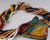 Seed bead Necklace with Mixed Techniques Polymer Clay Pendant