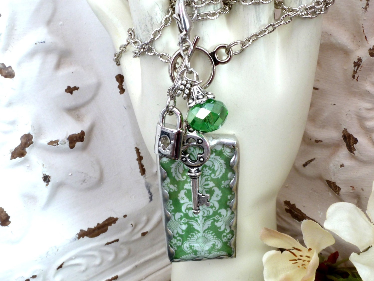 MOTHER, SILVER, Soldered Pendant (Lg), Charm, Necklace, Green Damask, Lock and Key