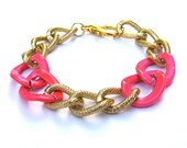 Caroline Arm Candy Hot Pink Chunky Gold Chain Bracelet - Large Chunky Gold Curb Chain Link Bracelet Arm Candy Chunky Chain Bracelet
