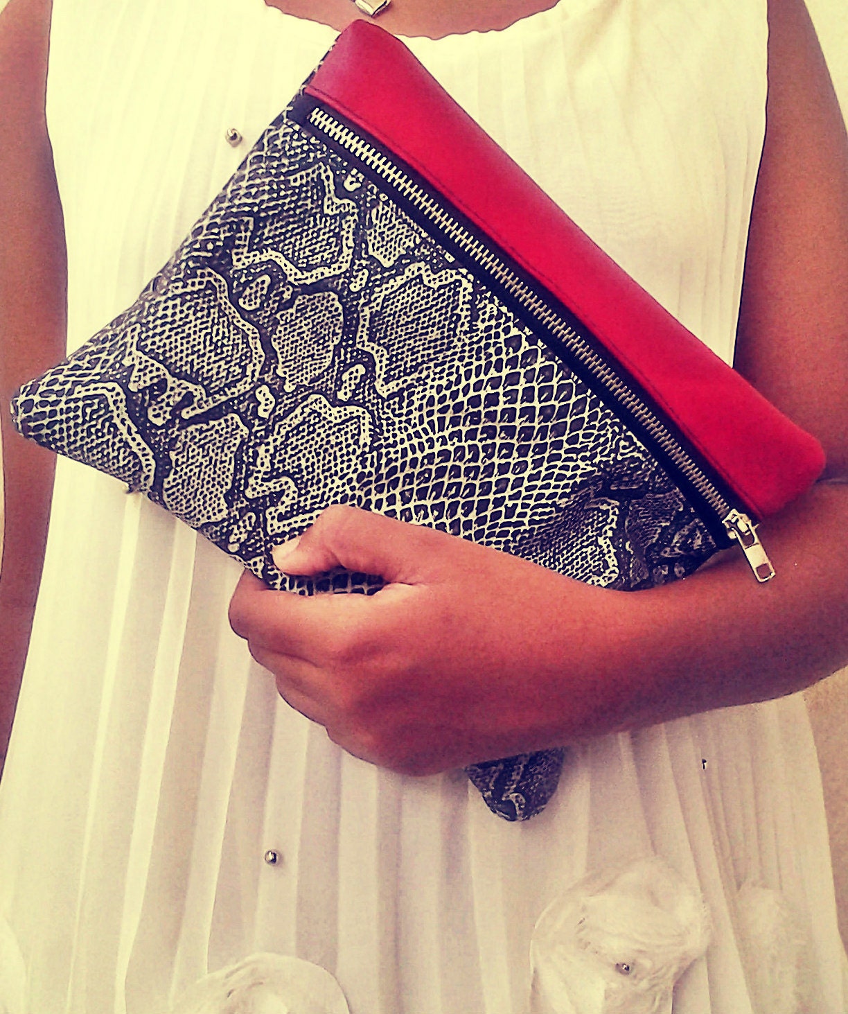 Red/Maroon Clutch/purse SNAKESKIN Print Color block Leather Clutch/Purse