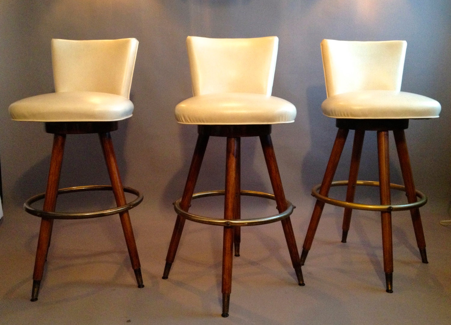 Midcentury Swivel Bar Stools on Tapered Legs -Madmen Set of Three High Pub Stools in Gorgeous White Leather Wood & Brass