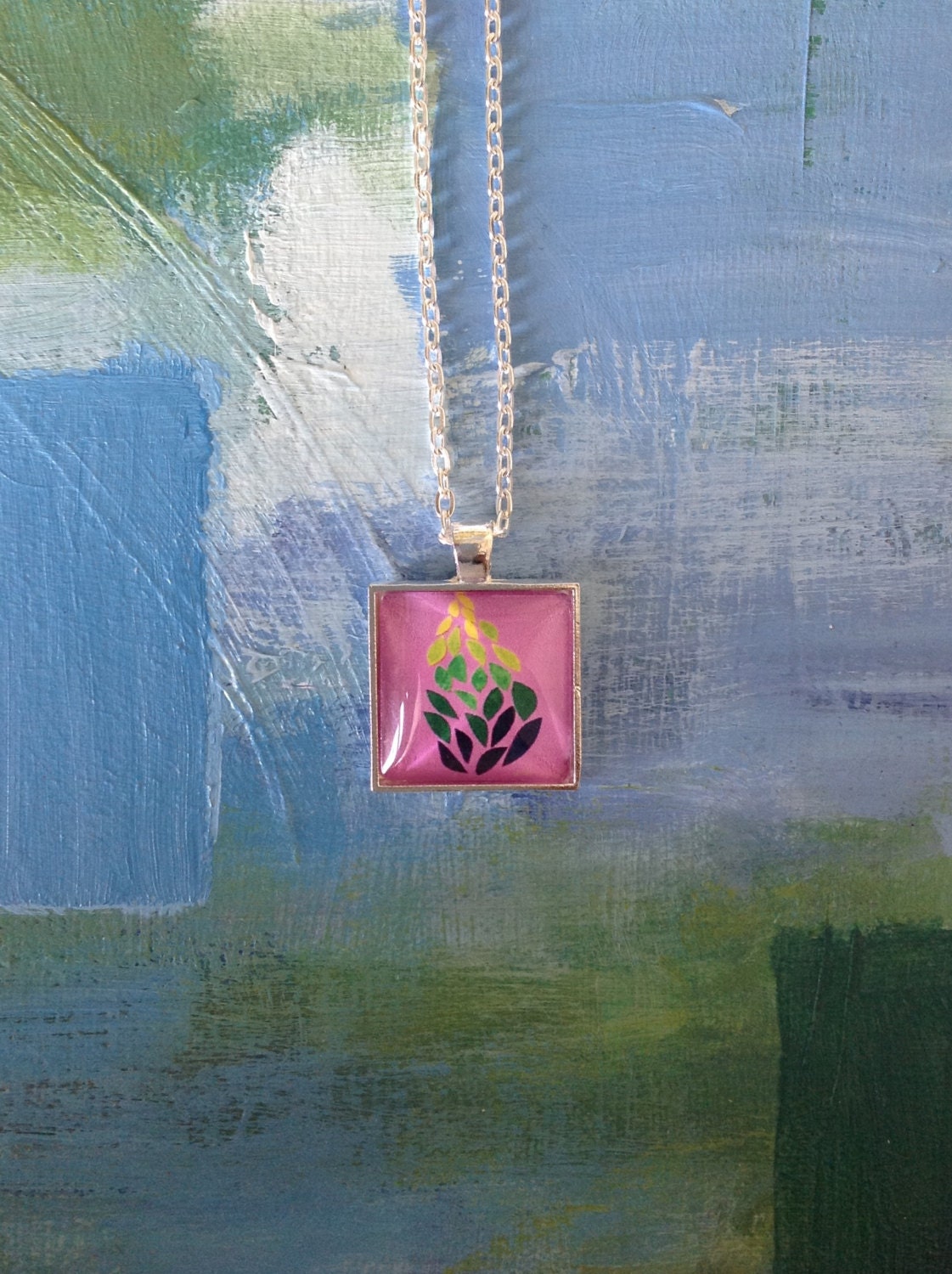 Lauren's Green Sunset Leaves Square Pendant