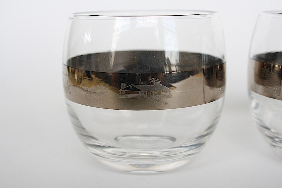 Roly Poly Glasses Vintage Glassware Mad Men Barware Silver Band Etched Houses Man Cave Decor Father's Day