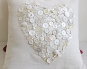 Home Decor Pillow with Vintage Buttons, Heart Pattern 16x16, Off White