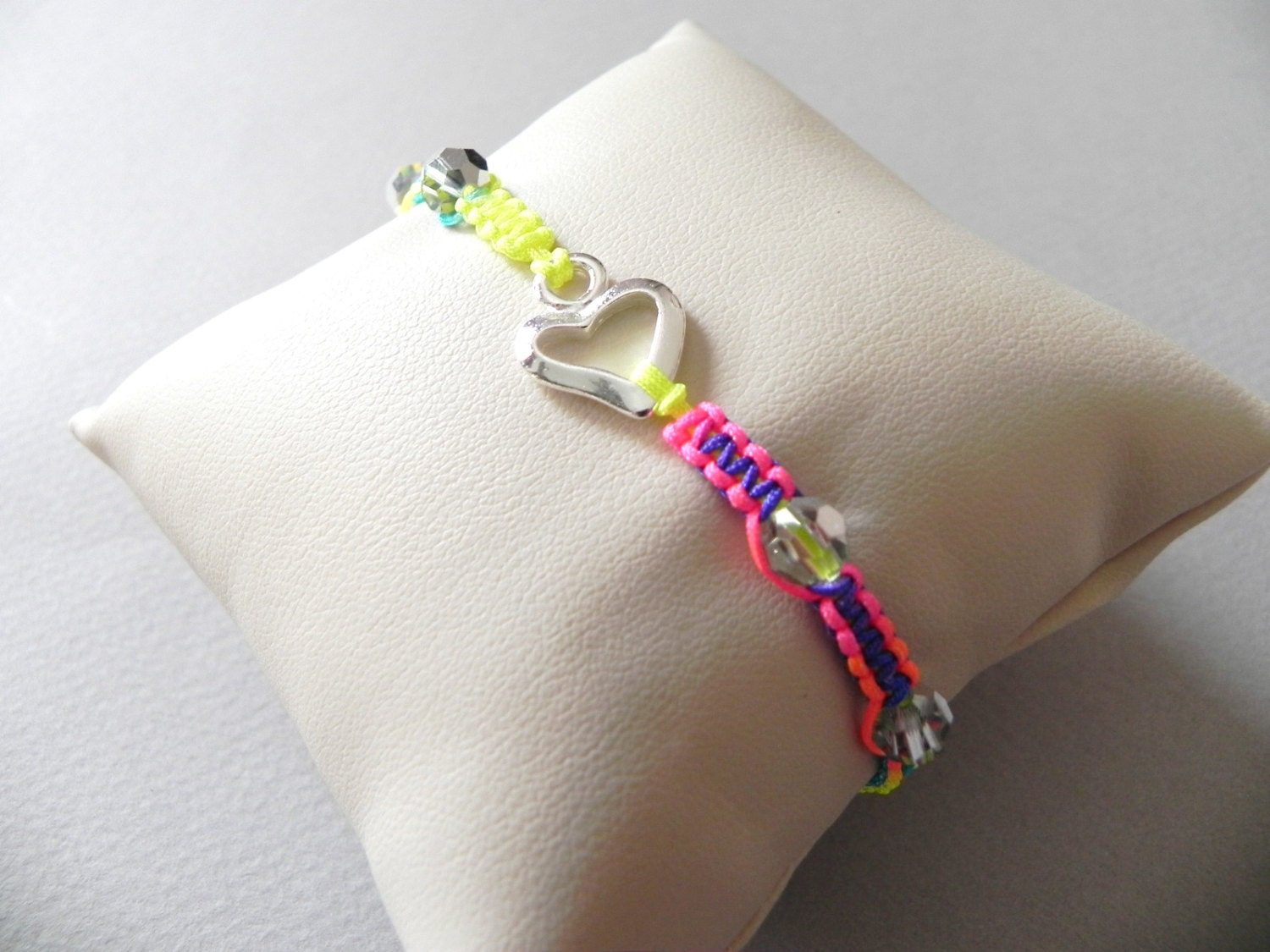 Tie-Dye Beaded Macramé Bracelet with Silver Heart Charm and Clear Beads