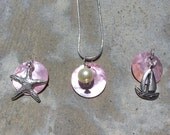 Pearl Pink Muscle Shell Necklace with Silver Tibetan Charms and Sterling Silver Necklace