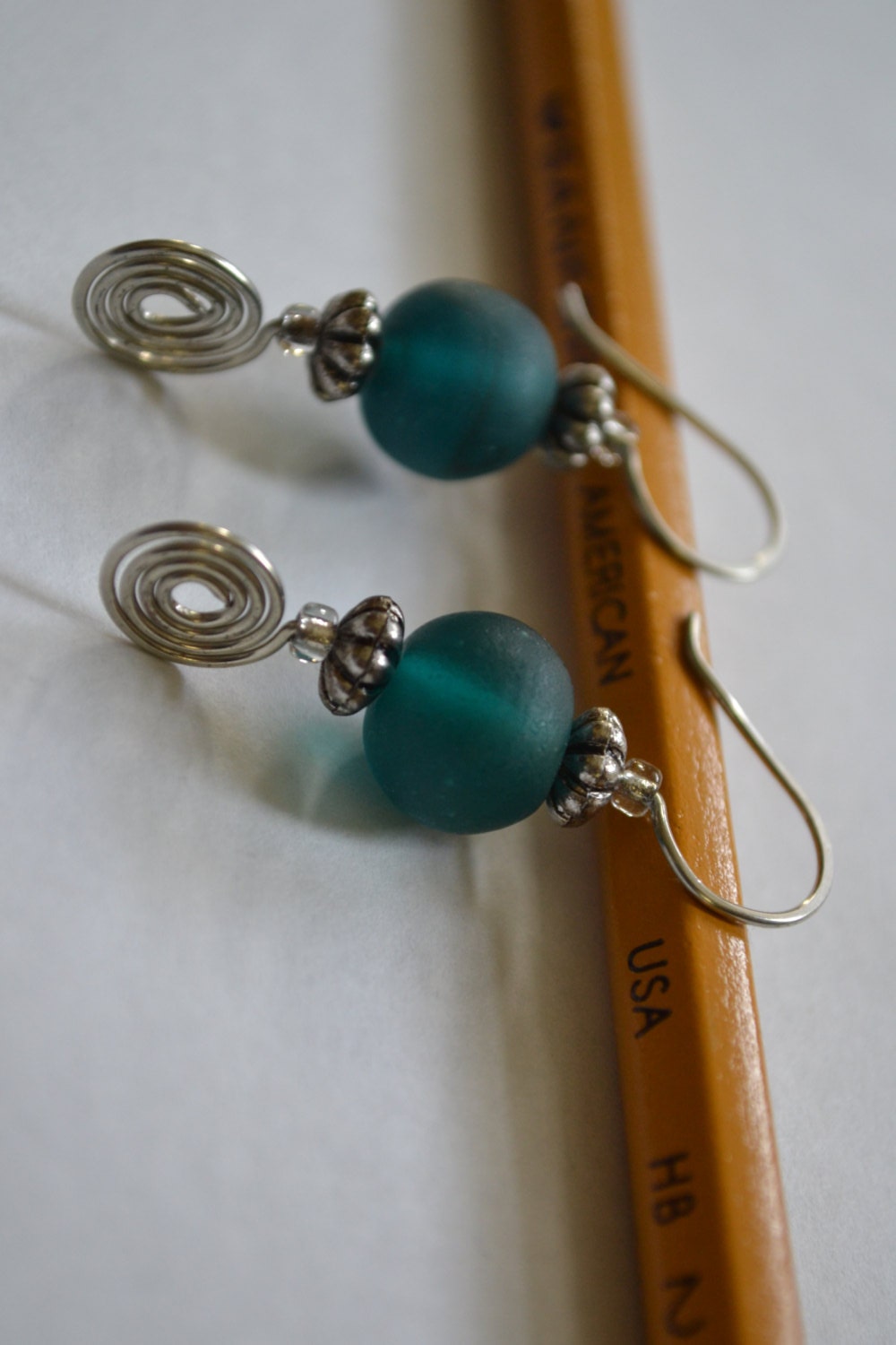 Teal Spiral earrings, dark turquoise earrings, beaded hook earrings