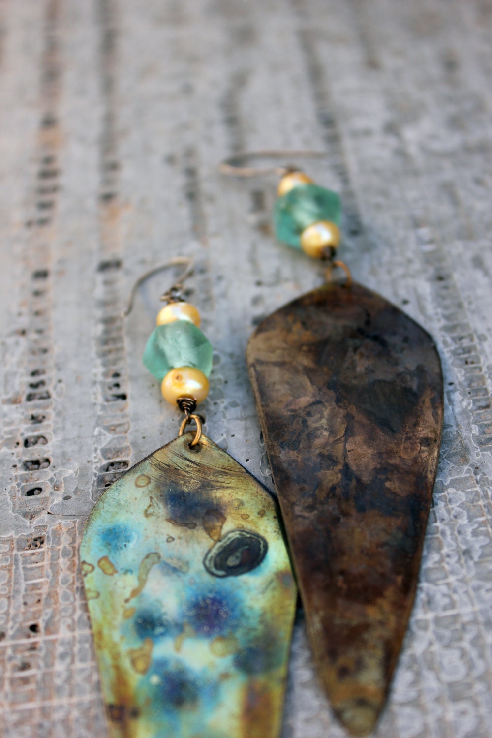 Bamboo leaf earrings - java glass - fresh water pearls - hand crafted earrings - nature jewelry - OOAK - metal smith earrings