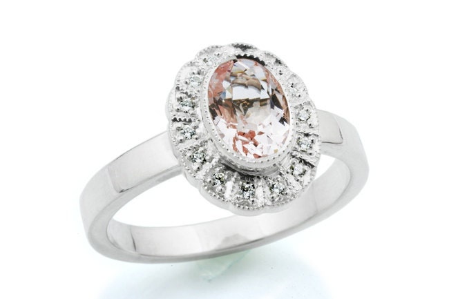 Morganite and Diamond Engagement Ring. Palladium. Vintage Style. Halo Ring. Millegrain. Pink Engagement Ring. Oval. Romantic.