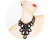 Vorocia //  Handmade Black Crochet Lace Collar Necklace Blue / Turquoise Gem Applique Blouse Accessories Bib Necklace