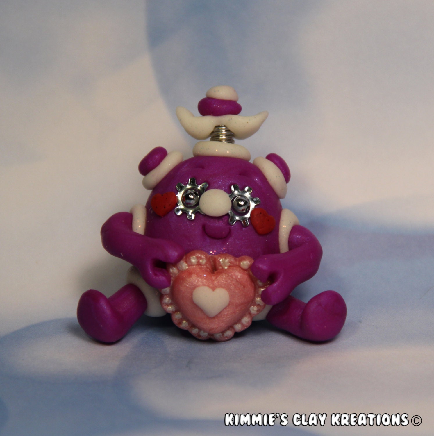 Polymer Clay Robot  I Love You Glow Purple Figurine - Miniature Whimsical Character Sculpture - Simply Charming Mini Robots