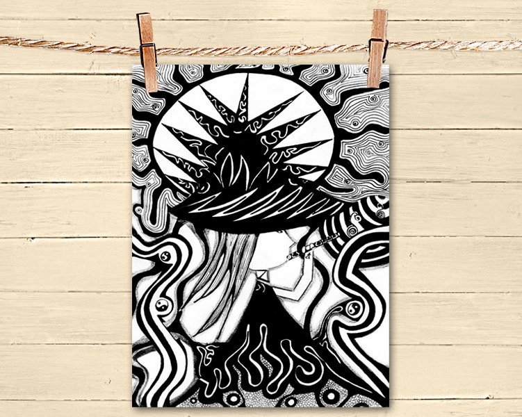 Poster Print 8x10 - Black and White Flute Princess - of Fine Art Illustration for Your Wall Decor