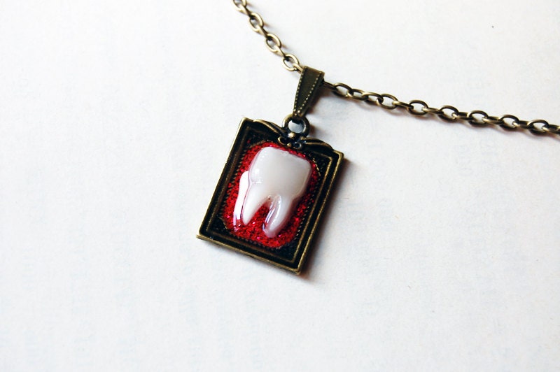 Sparkly Red Glitter Tooth - Handmade Vintage Cameo Pendant Necklace