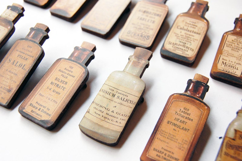 Wooden Strange Medicine Bottle - Handmade Laser Cutted Vintage Pin Brooch - Pick One