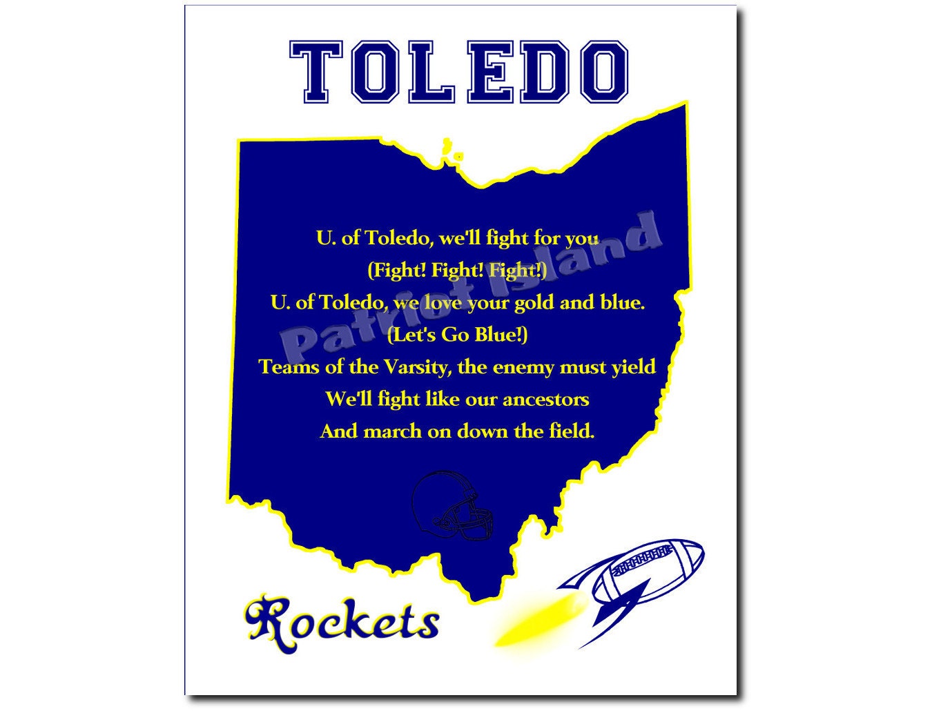 Toledo Rockets Football Art Print Ohio Map Sports Fight Song 8x10