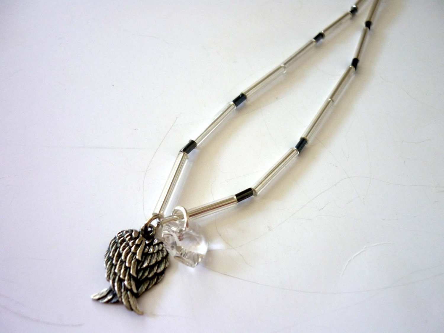 My Angel - beaded necklace - silver, gunmetal grey, wings, heart pendants, extra long