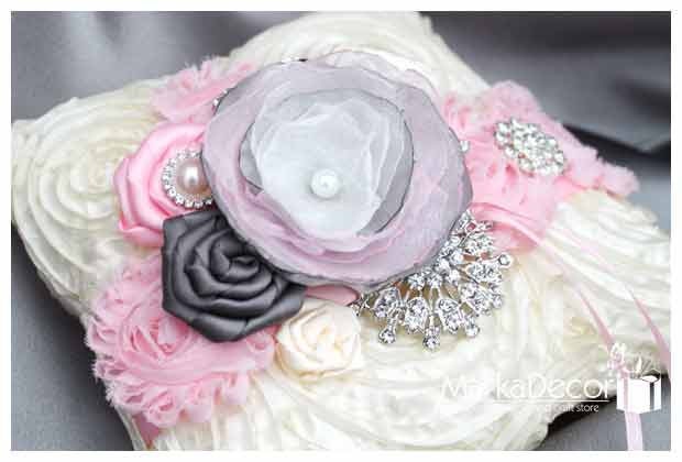 Wedding Ring Pillow with Brooches Crystals Handmade Flowers in Ivory Pink and Pewter 1pc