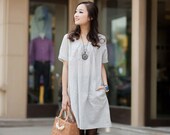 women's grey flax Sexy Casual big Pleat  Linen Maxi Dress Day dress Linen dress/ Linen skirt big pocket Sundress Long Maxi Skirt qz58