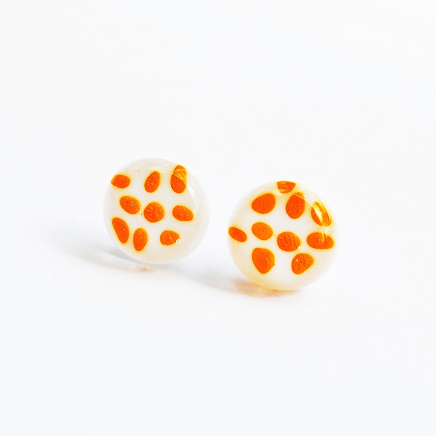 Small Tiny Earrings Orange Dods Earrings Glass Earrings Venetian Millefiori Earrings Surgical Steel Earring Fusing Jewelry - StudioHerniczek