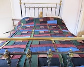 Extra Thick and Warm Wool Double Blanket, Afghan Bedspread, Settee Throw made from deep blue, green and burgundy recycled knitwear.